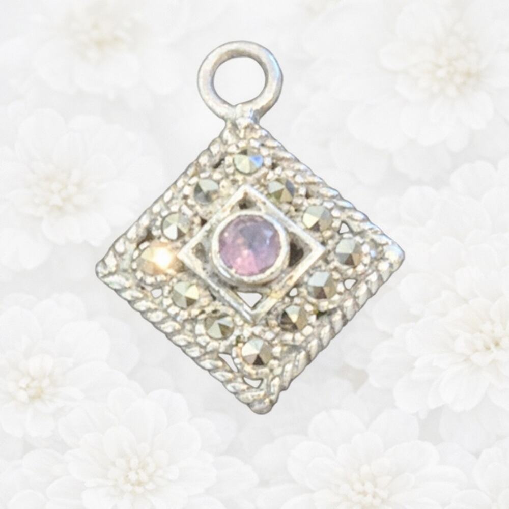 VTG Silver Amethyst Marcasite Diamond Shaped Small Pendant Marked CL